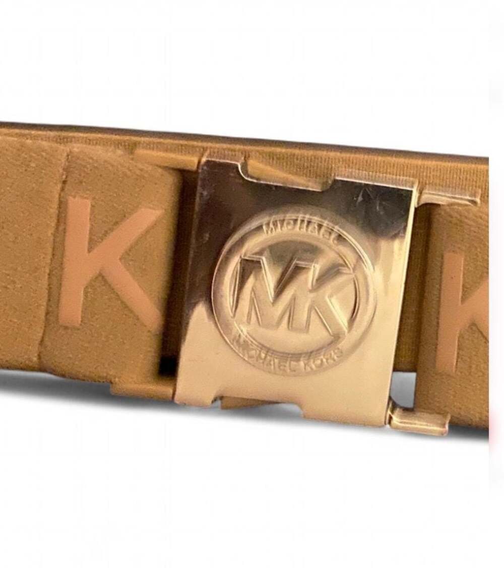 Michael Kors Women's Logo-Print Stretch Belt Tan Camel with Gold MK Buckle